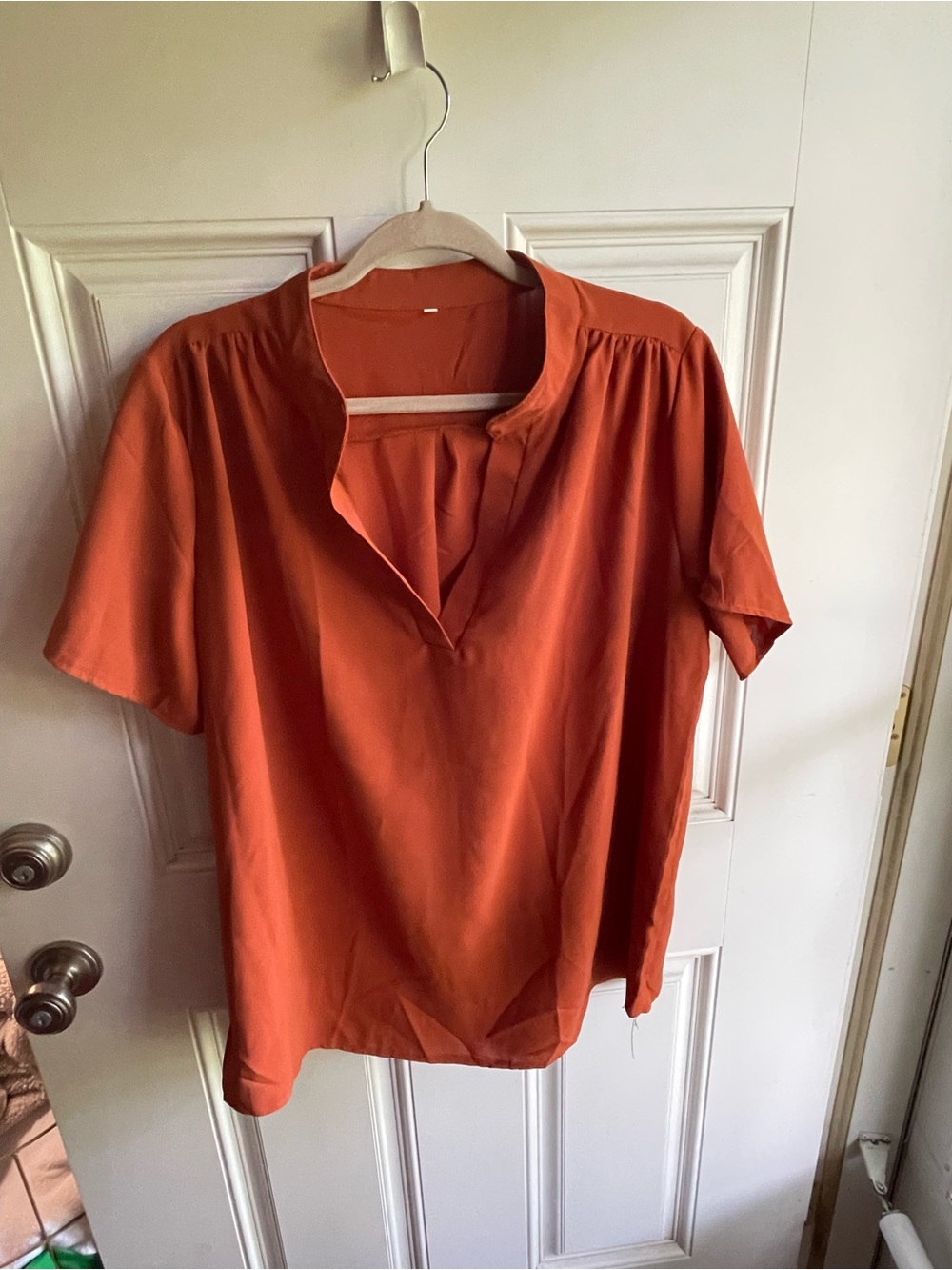 SHEIN Rust Orange Short Sleeve V-Neck Blouse